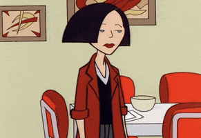 Cartoon gif. Jane Lane from Daria shrugs indifferently, wearing a deep red blazer that matches the color of the dining chairs behind her.