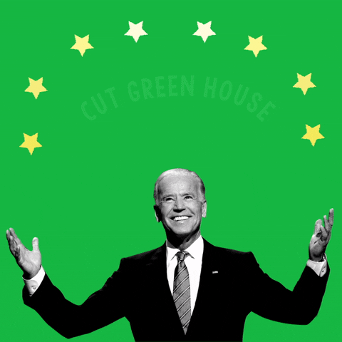 Photo gif. Black and white photo of President Biden smiling and holding his arms out over a green background. Below eight gold stars reads the message, “Cut greenhouse gasses by 40% by 2030.”