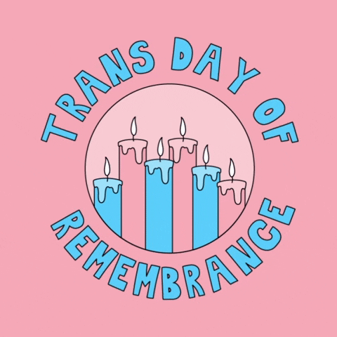 Digital illustration gif. Blue and pink candles burn with wax dripping down the sides in a circular frame against a medium pink background. Sky blue block letters surround the circle, pulsing forward and  backward with text that reads, "Trans day of remembrance."