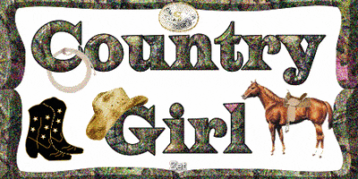 Text gif. The text, “country girl’ is written in a a shimmery hunting camouflage pattern. On the C of country, a lasso is wrapped around the bottom of the letter. A cowboy hat sits on top of the G of girl. A pair of black cowboy boots, a belt buckle, and a brown horse with a saddle on its back surround the text.