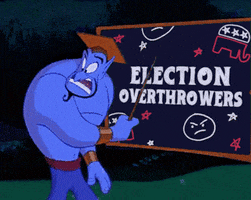 Disney gif. Genie from Aladdin teaches, using a pointer to draw attention to a blackboard that reads, "Election overthrowers," which he then flips to reveal the back which reads, "Lose, lie, lash out."