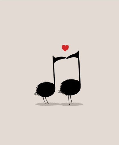 Digital art gif. Two music notes that are styled as birds give each other a kiss and hearts come out around them.