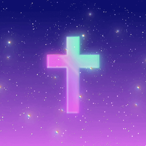 Digital art gif. A 3D rendering of a transluscent pink, blue and teal cross spins against a starry purple gradient background. 