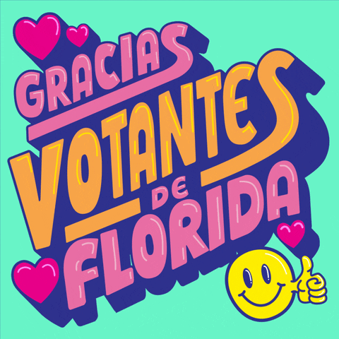 Digital art gif. Bubblegum pink and apricot orange 3D bubble letters with blue-purple shadowing bob in and out on a seafoam green background, surrounded by hot pink hearts and a smiley face giving a thumbs up. Text, "Gracias votantes de Florida."
