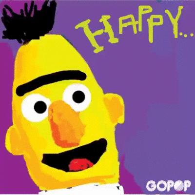 Sesame Street gif. Ernie, Grover, and Bert flash on screen individually. Each character has a word associated with them and the text fully reads, "Happy Friday, yay!" 
