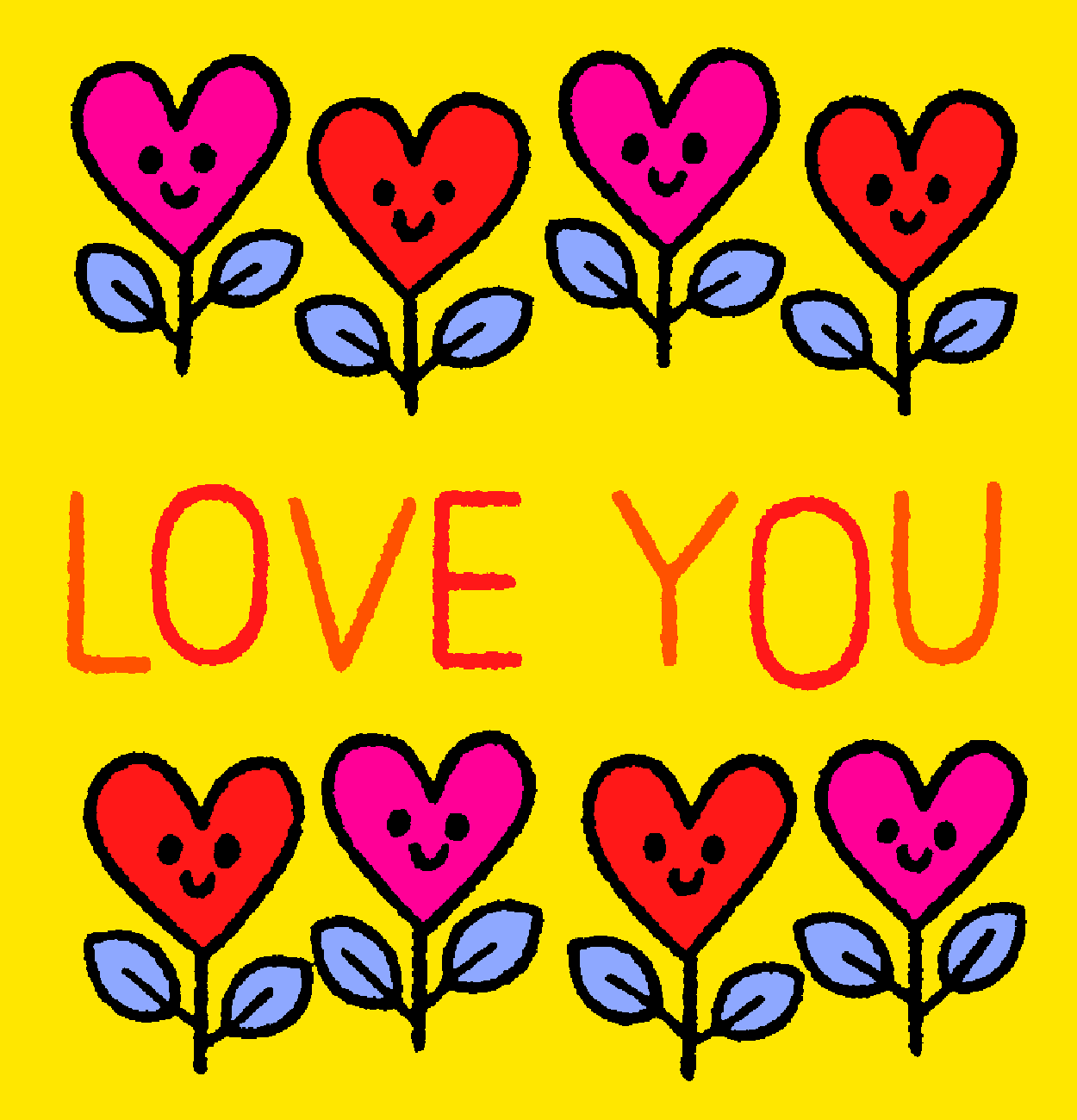 Animated graphic gif. Two rows of alternating pink and red heart-shaped flowers with smiley faces pulse in and out against a bright yellow background, framing the text at the center, "Love you."