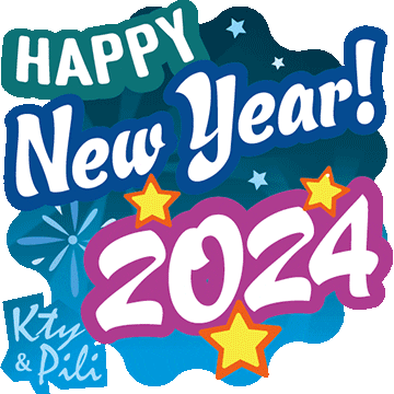 Text gif. The text, "Happy New Year 2024," is surrounded by fireworks and stars and a sheen of light passes by it, making things shine.