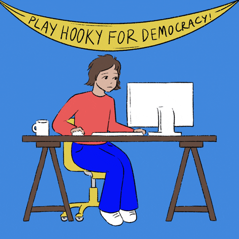 Digital art gif. Woman under a yellow banner that says “Play hooky for democracy!” sits at a desk with a computer and a mug against a light blue background. The computer transforms into a table with a red, white, and blue tablecloth as an American flag appears in the cup, and fireworks pop around her now-smiling face. The banner above her head changes to red with the text, “Take the day off to be a poll worker.”