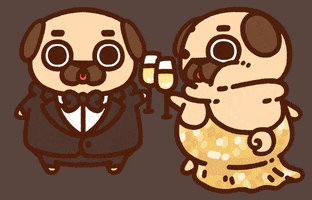 Kawaii gif. Puglie wears a tux and winks as he clinks champagne glasses with another pug wearing a gold gown.