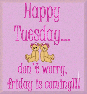 Text gif. Pink text on a light pink background reads, "Happy Tuesday..." above two illustrated teddy bears wearing pink bows, sitting back to back. Text continues below, "Don't worry, Friday is coming!!!" White stars sparkle around the sides.