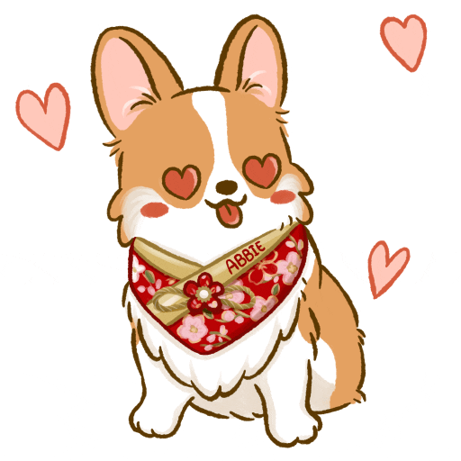 Kawaii gif. Illustrated corgi wearing a bandana that says "Abbie," sits and looks with heart eyes, rosy cheeks, and its tongue sticking out as hearts float up behind it. 