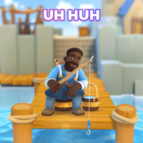 Video game gif. Fisherman on Everdale sits at the edge of a dock with an empty hook on his fishing pole, shakes his head and face-palms as if he is embarrassed. Text, "uh huh."