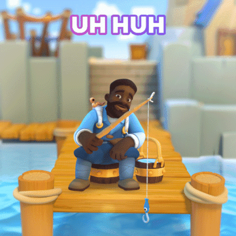 Video game gif. Fisherman on Everdale sits at the edge of a dock with an empty hook on his fishing pole, shakes his head and face-palms as if he is embarrassed. Text, "uh huh."