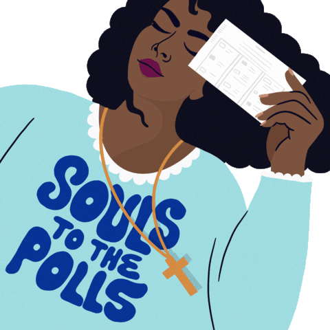 Illustrated gif. Elegant Black woman with curly hair holding a ballot and wearing a cross necklace, her shirt says, "Souls to the polls."