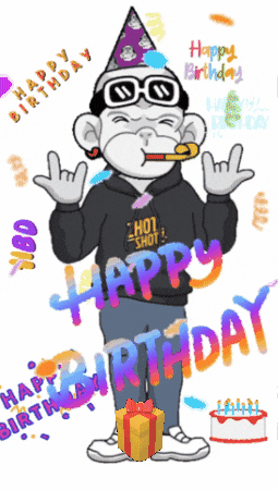 Cartoon gif. A gray monkey with an ear piercing, champagne goggles and a purple party hat blows into a noisemaker while giving us a rock on sign with both hands. It stands upright while wearing a black hoodie, jeans and sneakers. Confetti falls from above and text reading, "Happy Birthday" is scrawled repeatedly throughout in colorful letters. 
